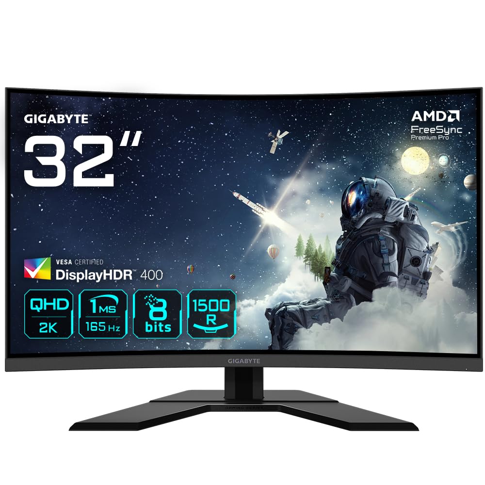 GIGABYTE G32QC A 31.5" Monitor de Juego Curvo QHD - 2560 x 1440, 1500R, 165Hz, 1ms, 350 cd/m², FreeSync Premium Pro, Display HDR400, HDMI 2.0, Displayport 1.2