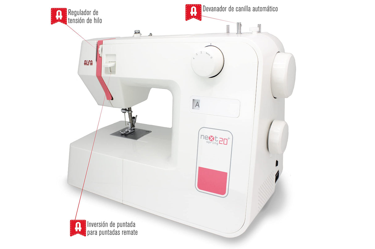 ALFA Next 20+ Spring-Maquina de Coser, Rosa Coral, 30 x 19 x 37 cm