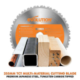 Evolution Power Tools R255TBL+ Sierra De Mesa (Próxima Generación Rage 5-S) Hoja De Corte Multimaterial Incluida Corta Madera Metal Plástico, Bisel 45˚, +/- 60˚ Ángulo De Inglete, 1800w