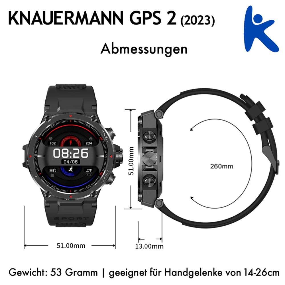 Knauermann GPS 2 (2023) Reloj Deportivo Negro - Pantalla AMOLED - Puls, oxígeno en Sangre, recepción GPS/Galileo - BT Bluetooth - Correa de Silicona Negra, 14-26, Normal, Moderno, Normal, Moderno