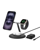Belkin Soporte de Carga inalámbrica 3 en 1 con MagSafe, Cargador magnético Qi2 de 15 W, Carga rápida para iPhone 16, 15, 14 y 13, AirPods, Apple Watch y Otros (Fuente de alimentación incluida), Negro