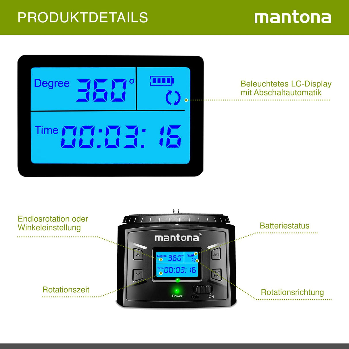 Mantona Turnaround 360 Advanced 3 - Cabezal de trípode eléctrico panorámico de rotación Continua de 360° para Timelapse Timelapse y pivotar con cámara para Smartphone Action CAM GoPro
