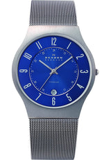 Skagen Reloj Sundby Titanium para Hombre, movimiento de cuarzo a tres agujas con Correa de Acero Inoxidable o piel, 37 mm, Gris Y Azul