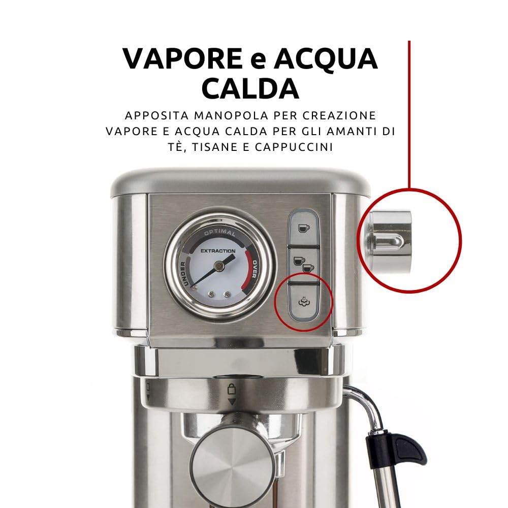 Ariete Espresso Slim Metal 1381, cafetera con manómetro, compatible con café en polvo y monodosis ESE, 15 bares máximos, filtro 1 o 2 tazas, lanza para capuchino, 1300 W, color plateado
