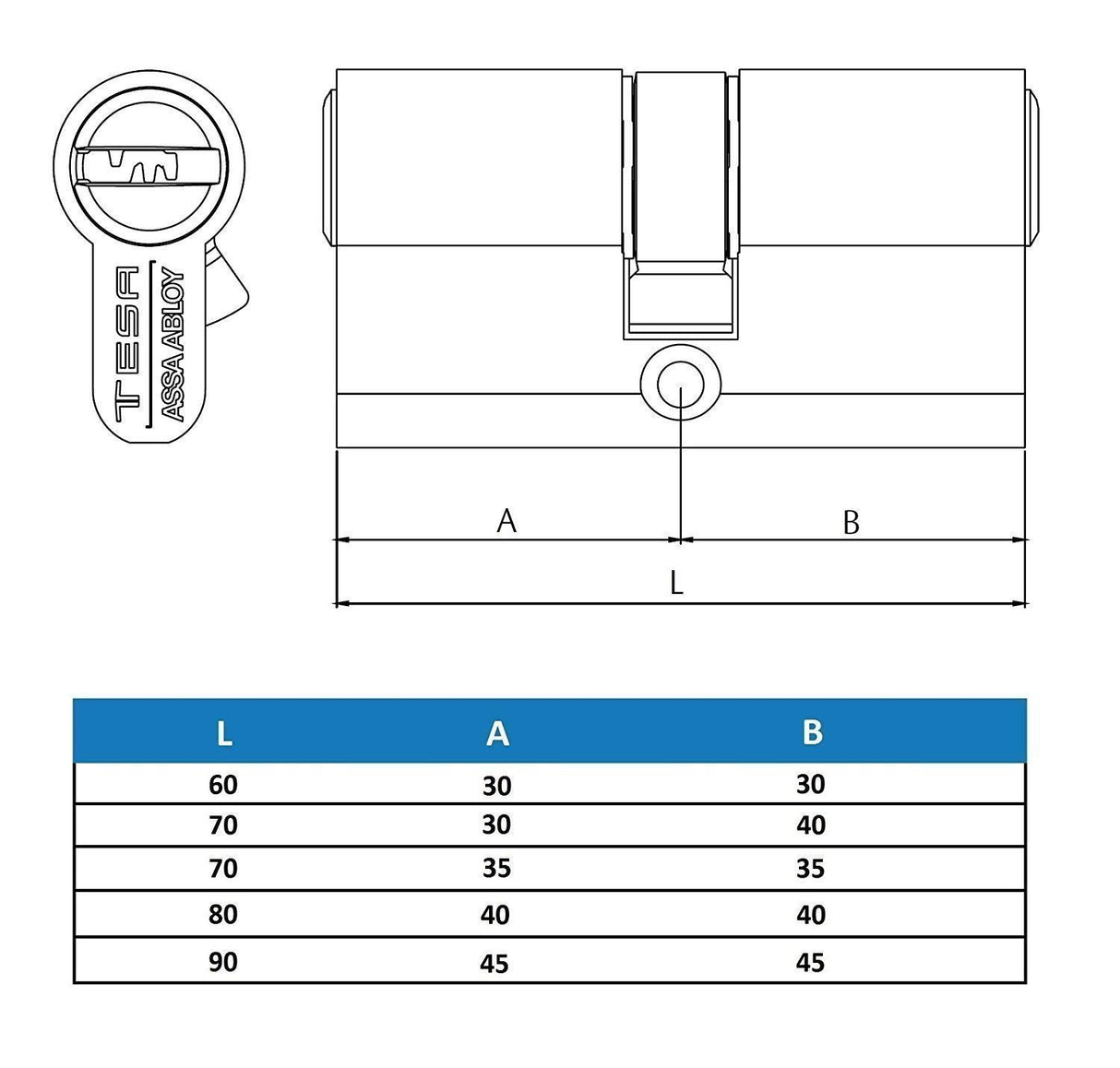Tesa Assa Abloy, MK153035N, Cilindro de Alta Seguridad, TK100, Doble Embrague, Leva Corta, Llave - Llave, Niquelado, 30 x 35 mm