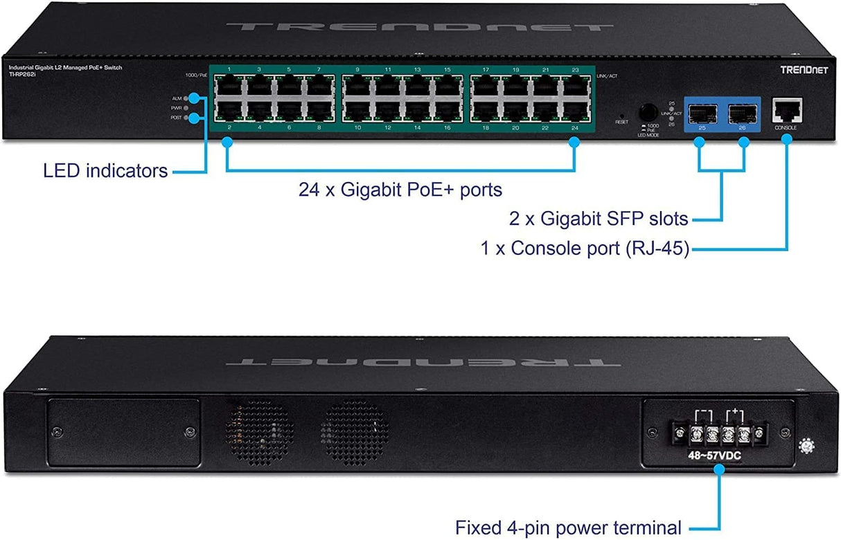 TRENDnet Interruptor DE Montaje DE RACKMOUNT PoE+ Industrial GIGABIT L2 DE 26 Puertos