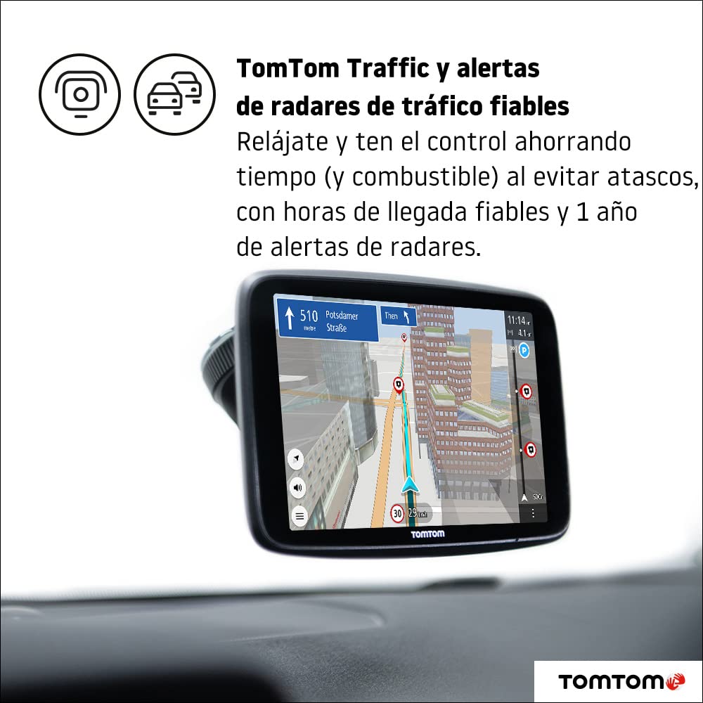 TomTom GPS para Coche GO Discover, 5 Pulgadas, con tráfico y radares, mapas del Mundo, actualizaciones rápidas Via WiFi, disponibilidad de Parking, Precios de Combustible, Soporte Click-Drive