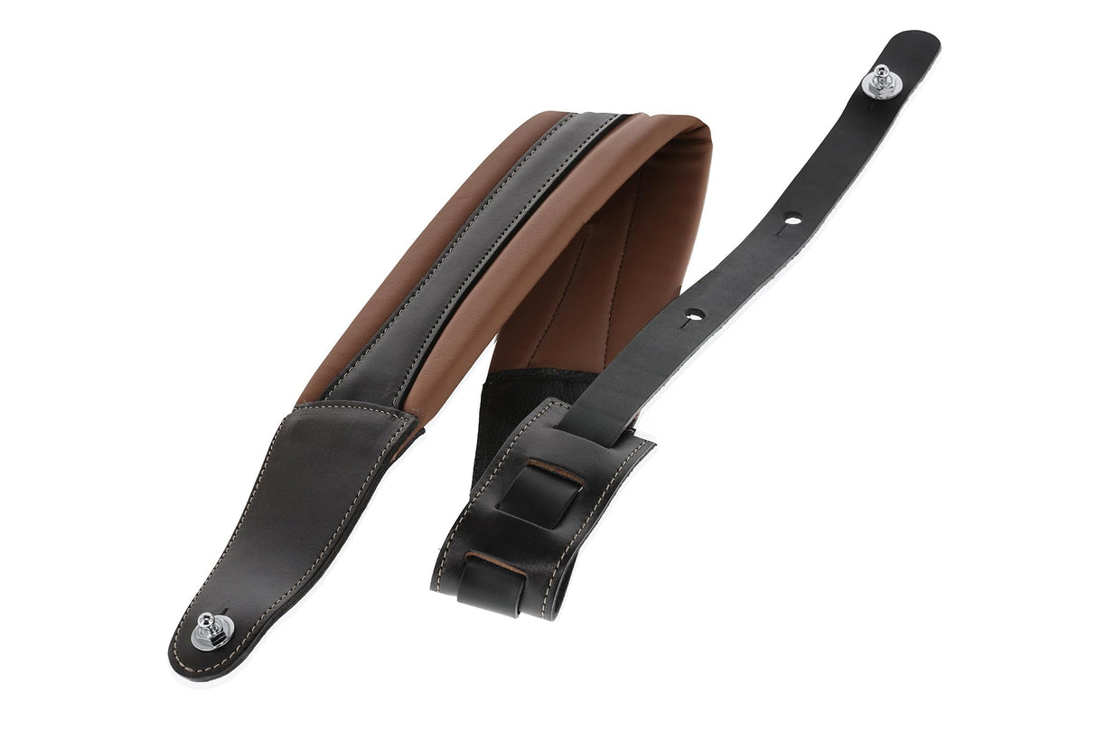 GEWA Correa para guitarra serie Prestige, cuero auténtico, ancho 85 mm, largo 103-139 cm, cierres de seguridad - cromados, marrón/negro - marrón/negro, 1 par de cierres de seguridad F&S incluidos