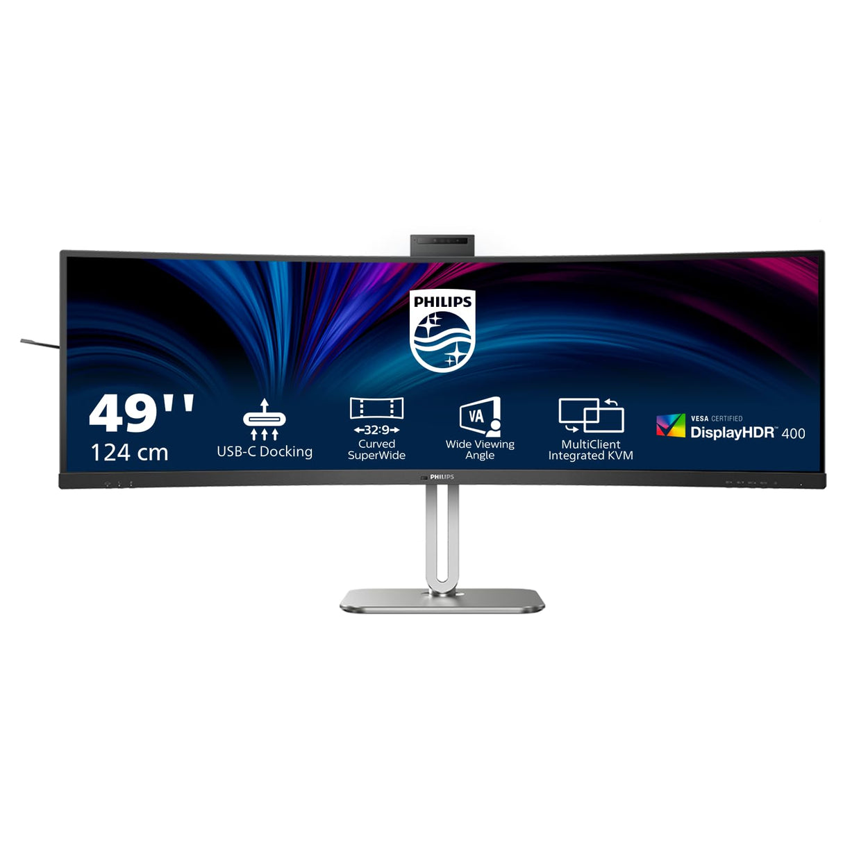 Philips 49B2U5900CH - Monitor Curvo QHD de 49 Pulgadas, 75 Hz, VA, 4 ms, HDR400, KVM, Webcam, Altura Ajustable, Base USB-C, Altavoces (5120 x 1440, HDMI 2.0 / DP 1.4 / USB-C 1)
