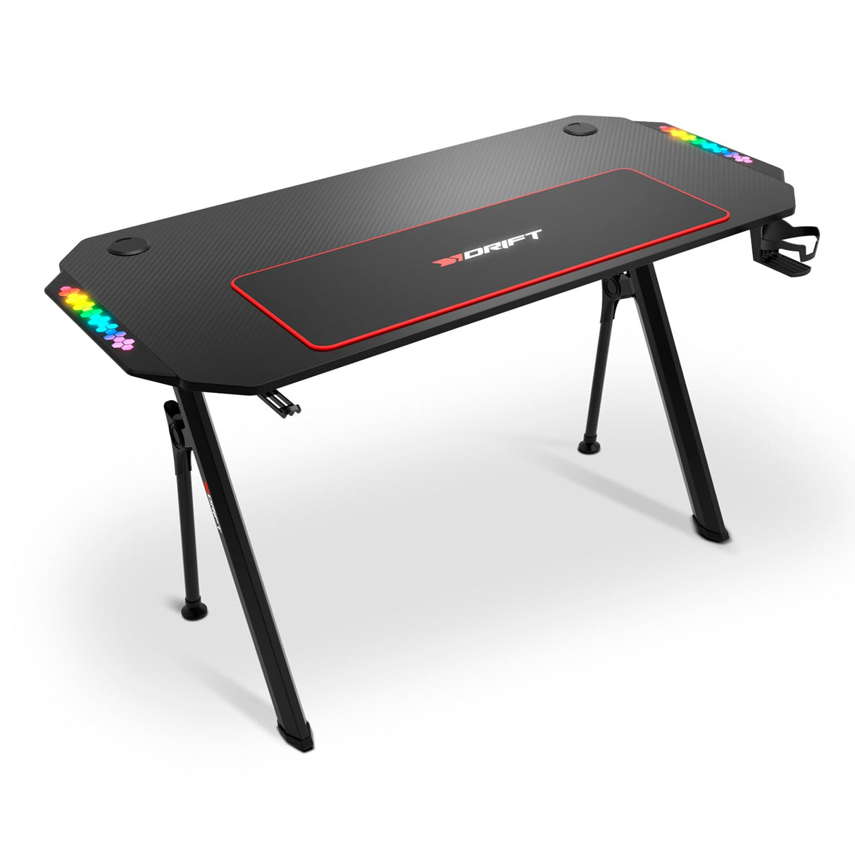 DRIFT GAMING DRDZ175RGB - Mesa Gaming con Tablero con Acabado en Fibra de Carbono, Soporte para Bebidas y Auriculares, Laterales RGB reactivos al Sonido, Alfombrilla 80 x 30 cm, Color Negro