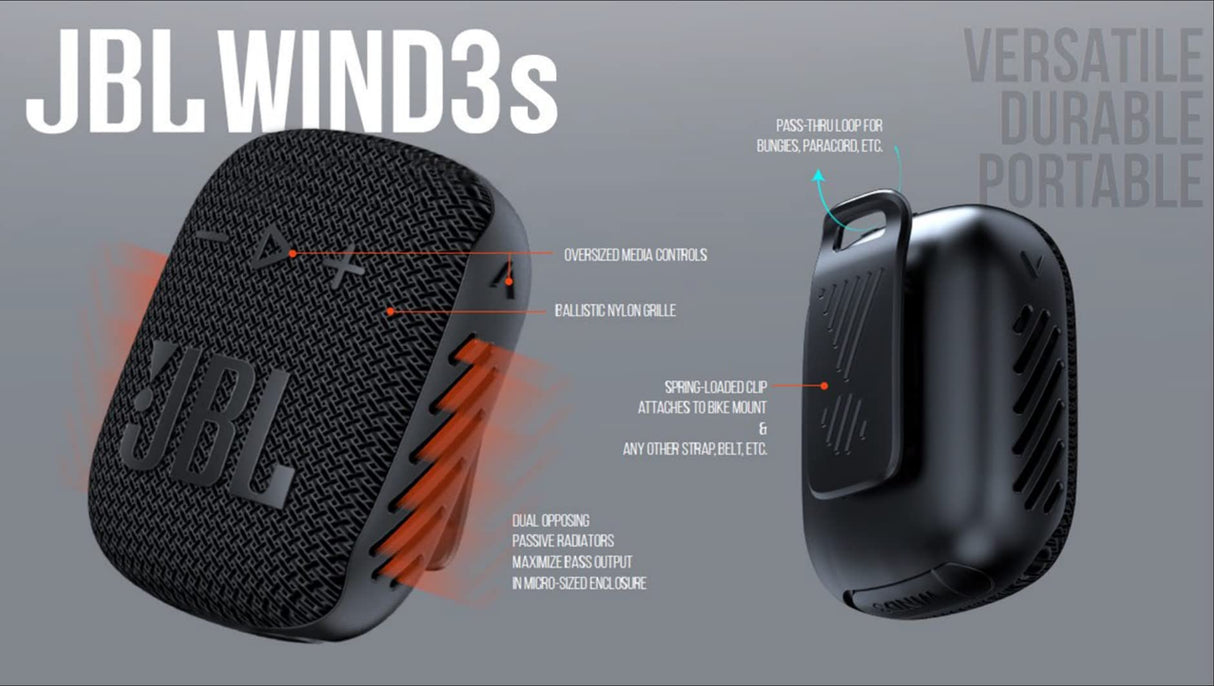 JBL Box Wind 3S - Mini Altavoz Bluetooth potente portátil con refuerzo de graves de Harman Kardon, caja de música con pinza para bicicleta y scooter - IP67 resistente al agua