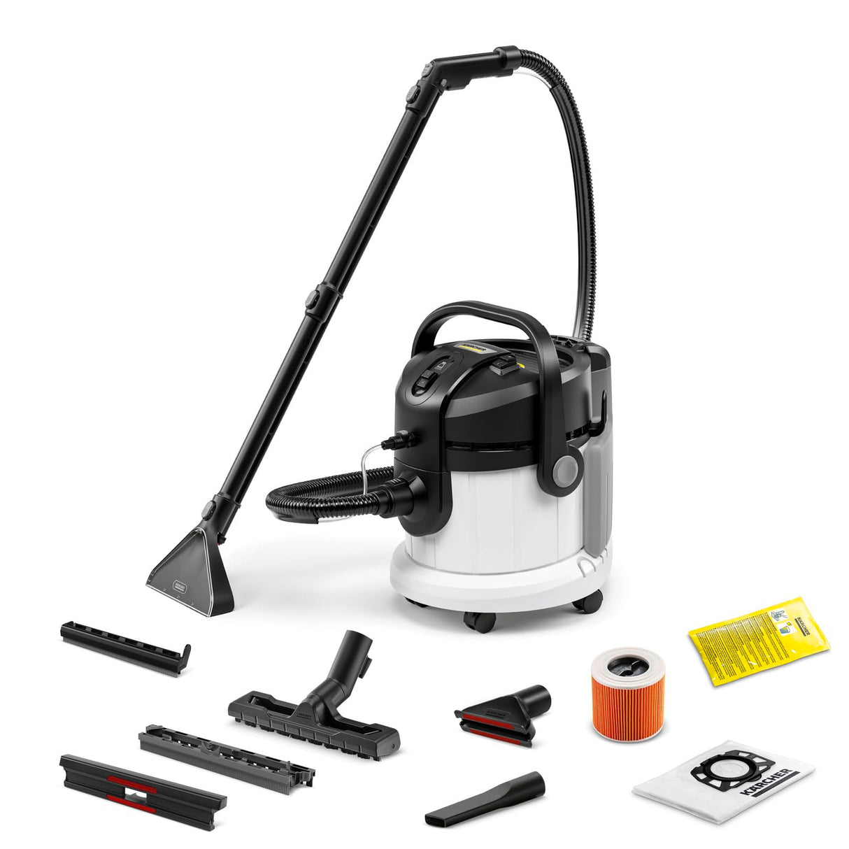 Kärcher Lava-aspiradora SE 4, Manguera de aspiración con pulverizador, depósitos de 4 l, boquillas de Lavado, de Clip y para tapicerías, con Accesorios para Suelos Duros y alfombras