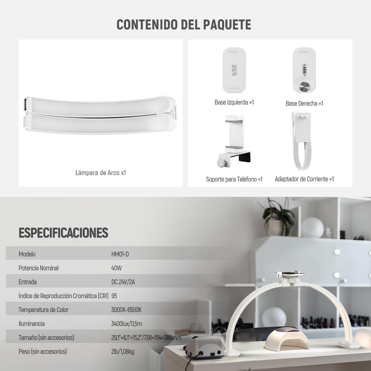 NEEWER BÁSICO HM01-D - Lámpara de arco (29 pulgadas, LED, 40 W, media luna, 3000 K-6500 K, 3400 Lux/0,5 m, CRI95, carga USB, soporte para teléfono para manicura, maquillaje, belleza, tatuaje