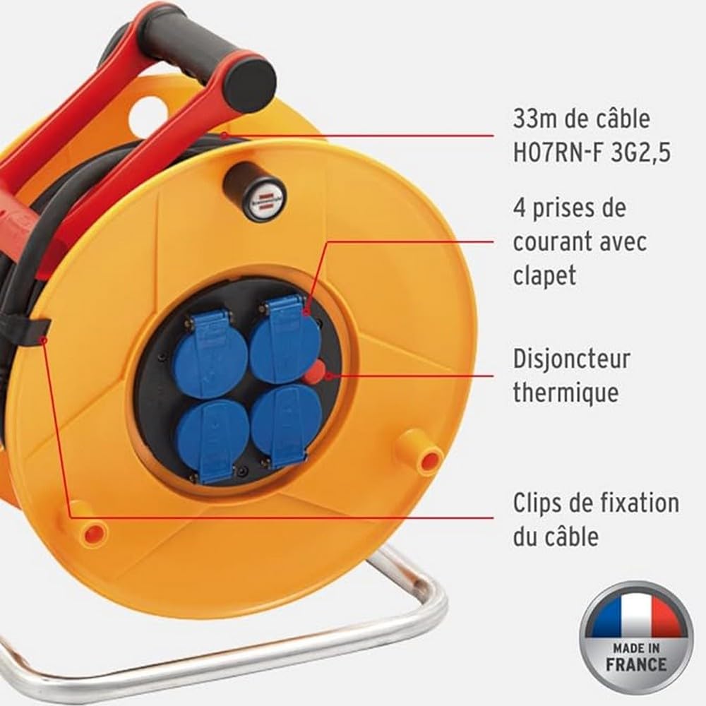 Brennenstuhl - Carrete de cable estándar Pro/Enrollador eléctrico con 4 tomas de corriente (válvulas, manija cablepilot, indicador de presencia de tensión, exterior, 33 m de cable) fabricado en