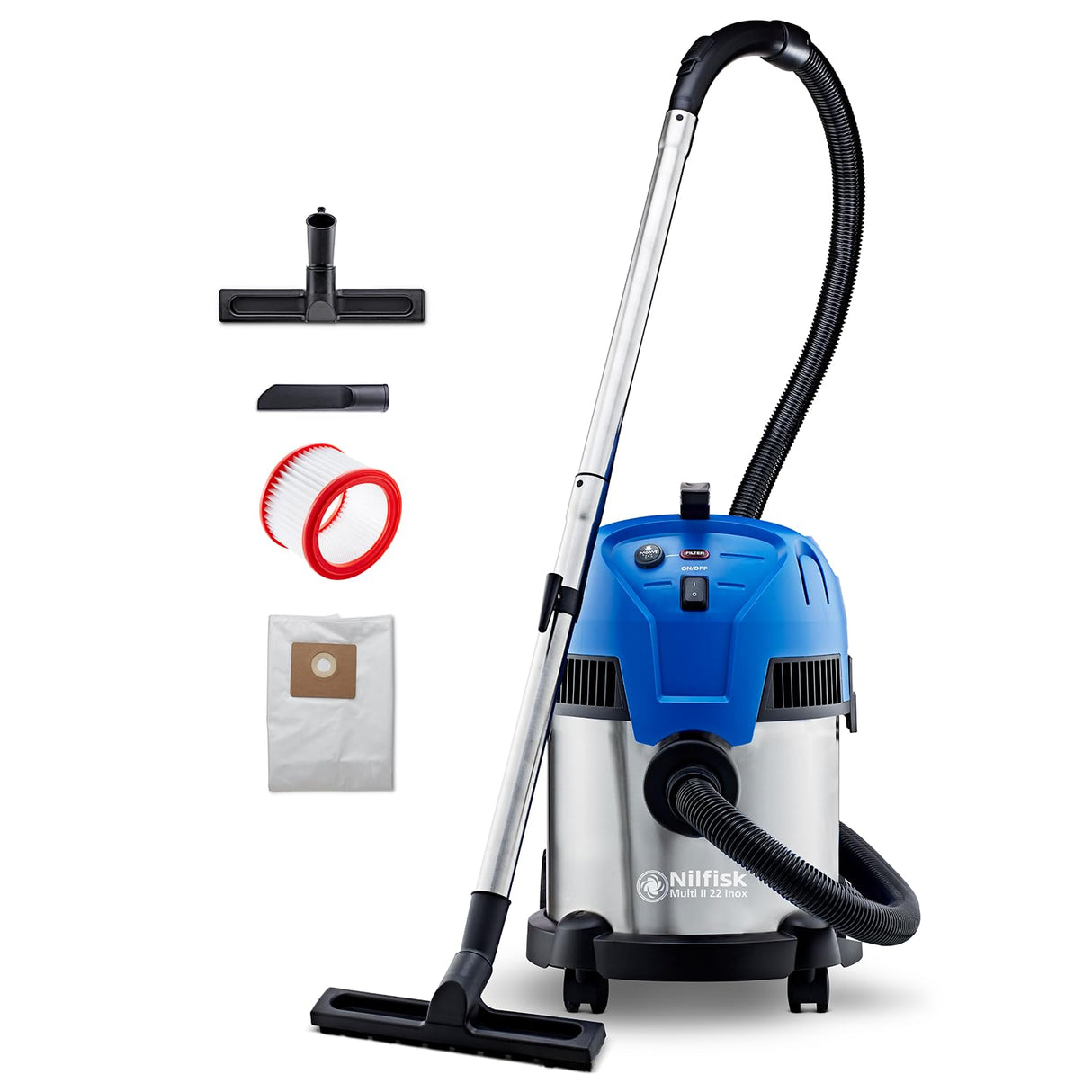 Nilfisk Multi II 22L Inox Aspirador de Agua y Polvo Potente - Aspiradora de Bricolaje para Sólidos y Liquidos, Seco y Húmedo, Exterior e Interior (1200 W)