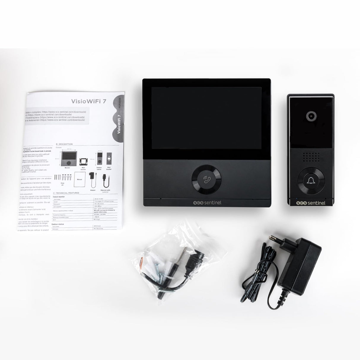 SCS Sentinel - Videoportero Visiowifi Conectado Con Cable - Gran Angular de 110° - Pantalla Táctil De 7'' - Conectividad Wi-Fi 802.11B/G/N - Captura de Fotos Y Vídeos