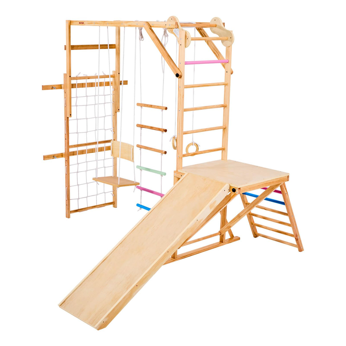 VEVOR 8 en 1 Parque Infantil de Madera para Interior, Carga de 100 kg Juego de Escalada Montessori con Columpio, Barra de Mono, Tobogán, Anillas, Escalera de Madera/Cuerda, Red, Roca, Colorido