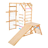 VEVOR 8 en 1 Parque Infantil de Madera para Interior, Carga de 100 kg Juego de Escalada Montessori con Columpio, Barra de Mono, Tobogán, Anillas, Escalera de Madera/Cuerda, Red, Roca, Colorido