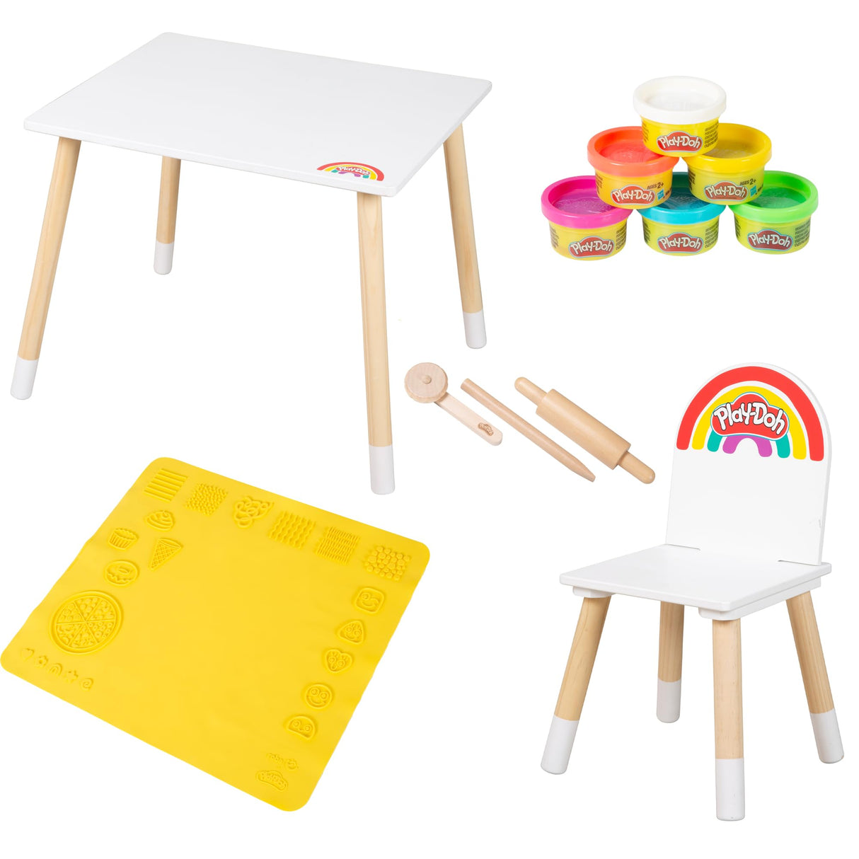 roba x Play-Doh Conjunto de Asientos creativos - Juego de Mesa y Silla de Madera certificada por el FSC con 6 latas de plastilina, 3 Herramientas de Madera y Alfombra Creativa
