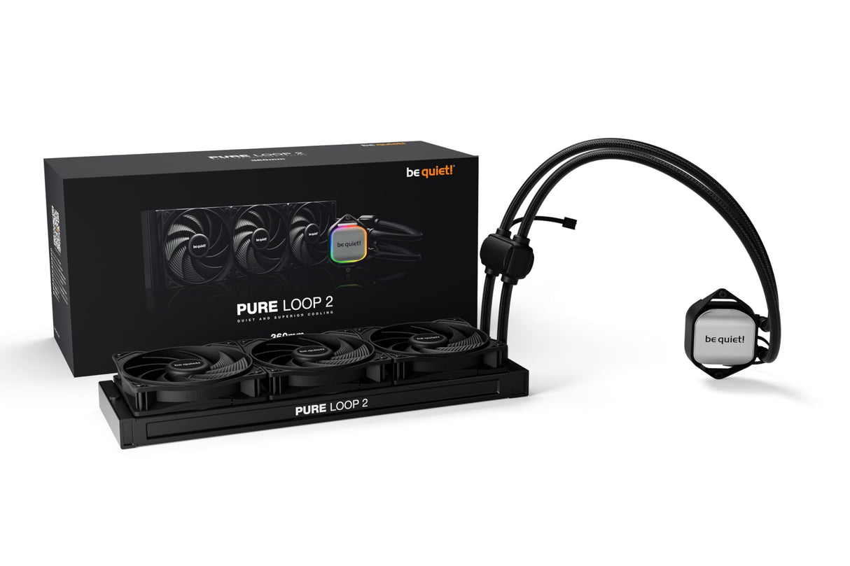 be quiet! Pure Loop 2 360 mm refrigerador con agua, alto rendimiento de refrigeración, bomba PWM doblemente desacoplada, iluminación ARGB, tubos flexibles, botella de refrigerante incluida