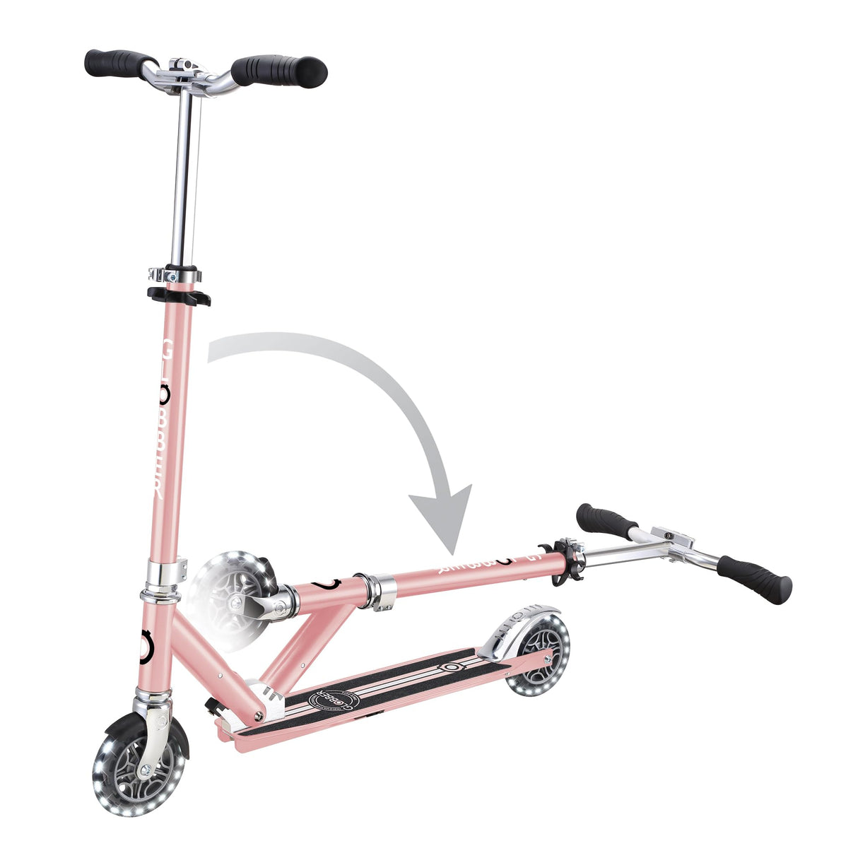 Globber - Flow Element Lights - Patinete Plegable de 2 Ruedas con luz LED, Freno Trasero y Manillar Ajustable, Desde los 5 años, para niños y Adolescentes - Rosa Dorado