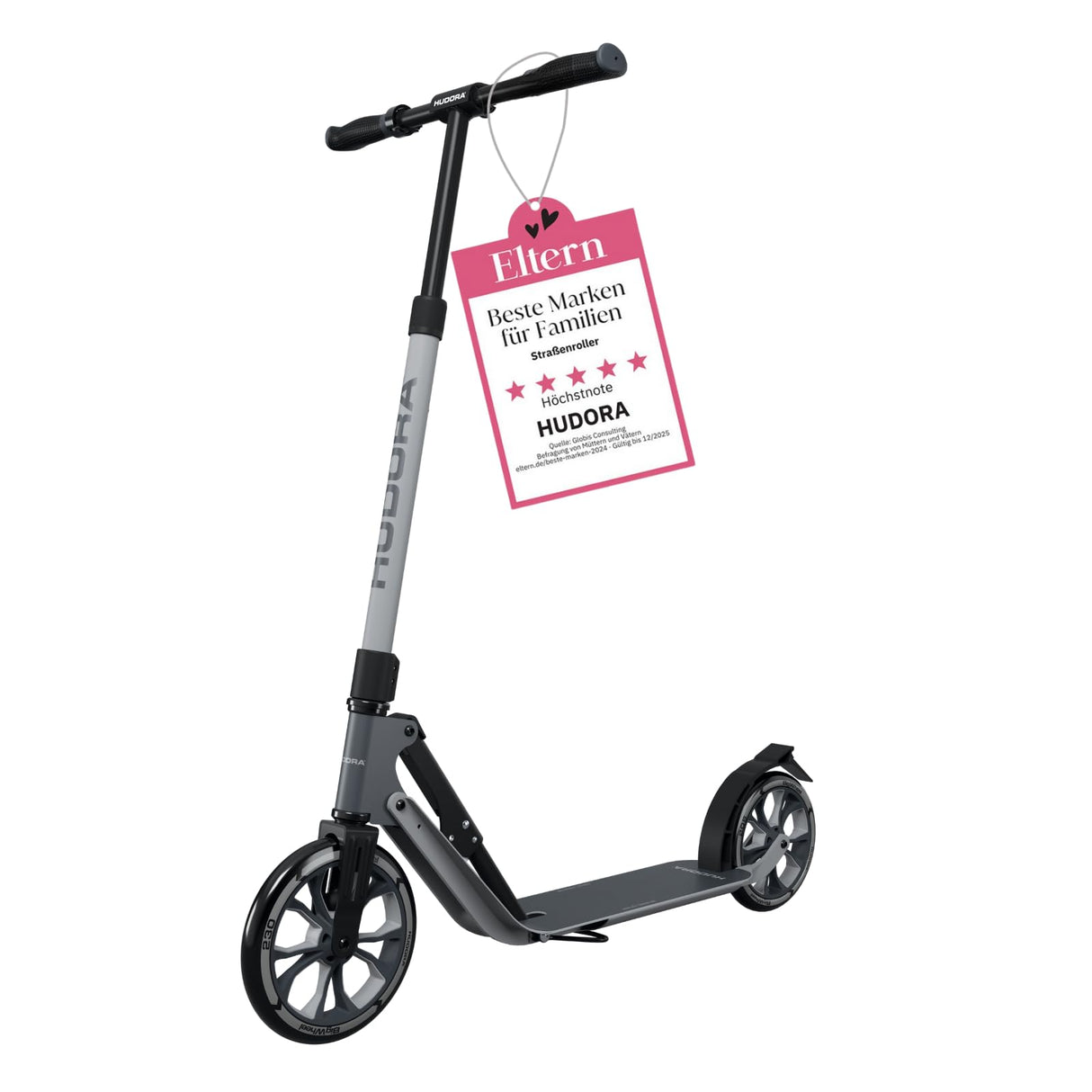HUDORA Patinete BigWheel 230 Advanced – De Aluminio Resistente, hasta 120 kg – Patinete Urbano silencioso y Plegable con Soporte y Timbre – Kick Scooter para niños, Adolescentes y Adultos – Antracita