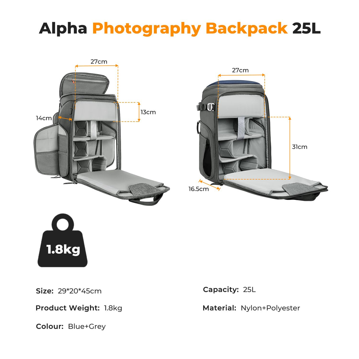 K&F Concept Mochila Cámara Profesional, Bolsa Fotógrafos Cámara Impermeable de Gran Capacidad para Camera Reflex Digital DSLR, Adecuado para viajes al aire libre senderismo fotografía Azul