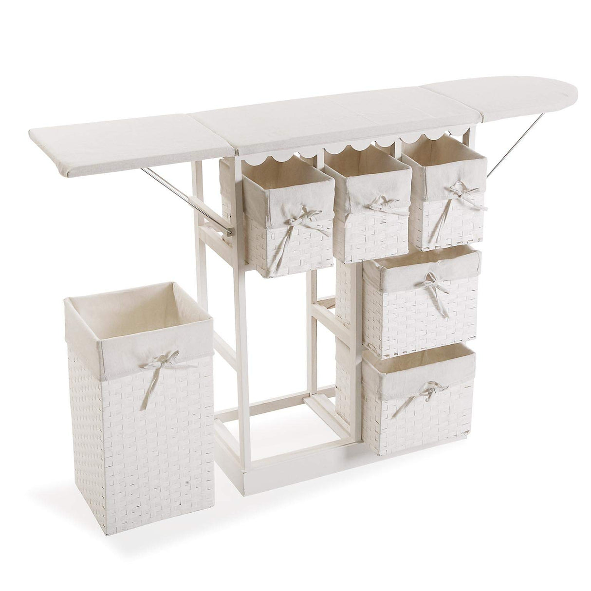 DRW Mueble planchador Grande con alas abatibles y cestos de Mimbre Blanco 130.5x30.5x86.5 cm
