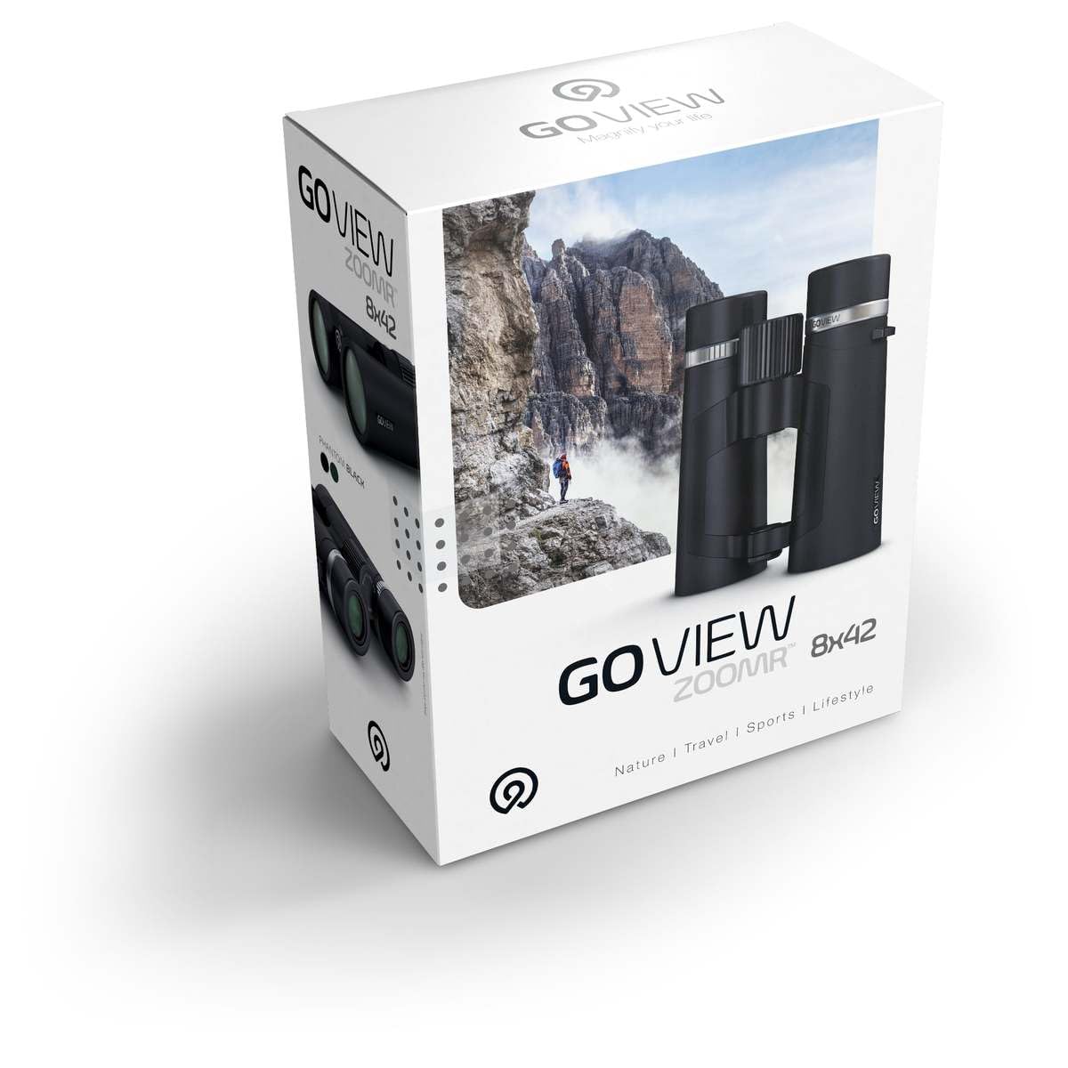 GoView ZOOMR 8x42 prismáticos para Actividades al Aire Libre, Naturaleza, observación de Vida Salvaje, Viajes (Zoom de 8 aumentos, Gran Campo de visión, Incluye Set de Accesorios) Phantom Black