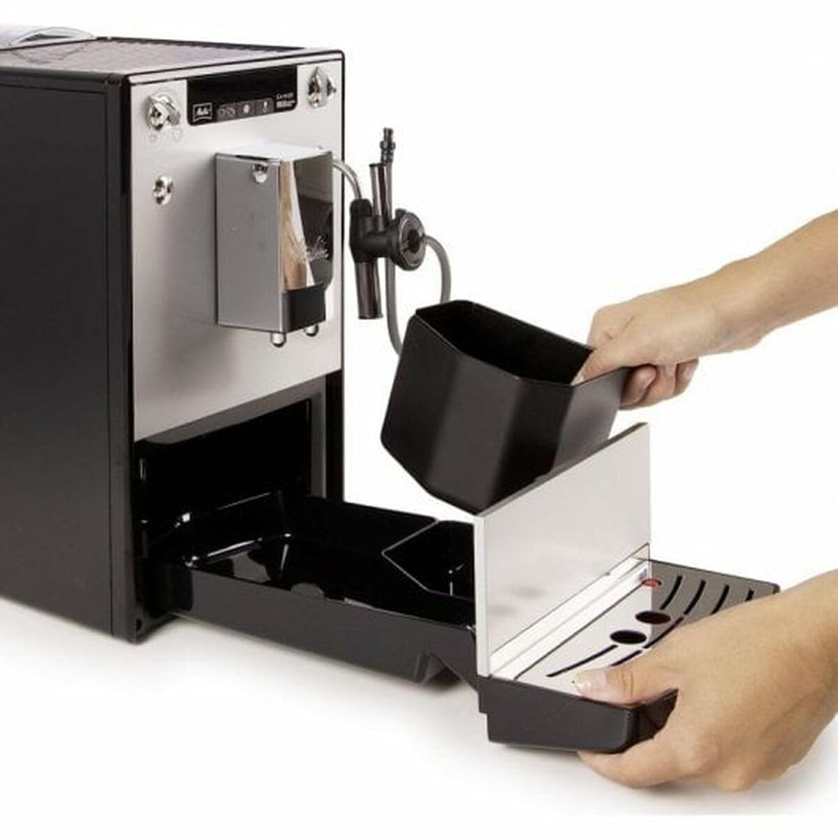 Melitta Solo&Perfect Milk E957-203, Cafetera Superautomática con Molinillo, Auto Capuchinador, 15 Bares, Café en Grano, Limpieza Automática, Personalizable, Plata