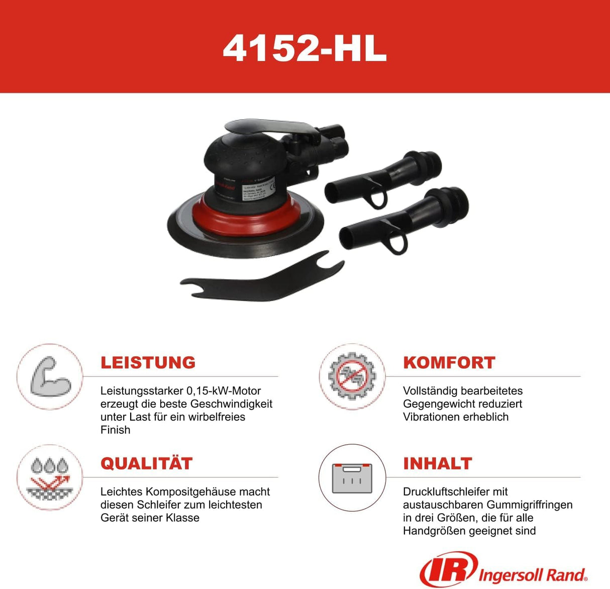 Lijadora neumática 4152-HL de Ingersoll Rand, orbital 150mm potente, liviana y preparada para aspiración con 12000 RPM, órbita 5/32"