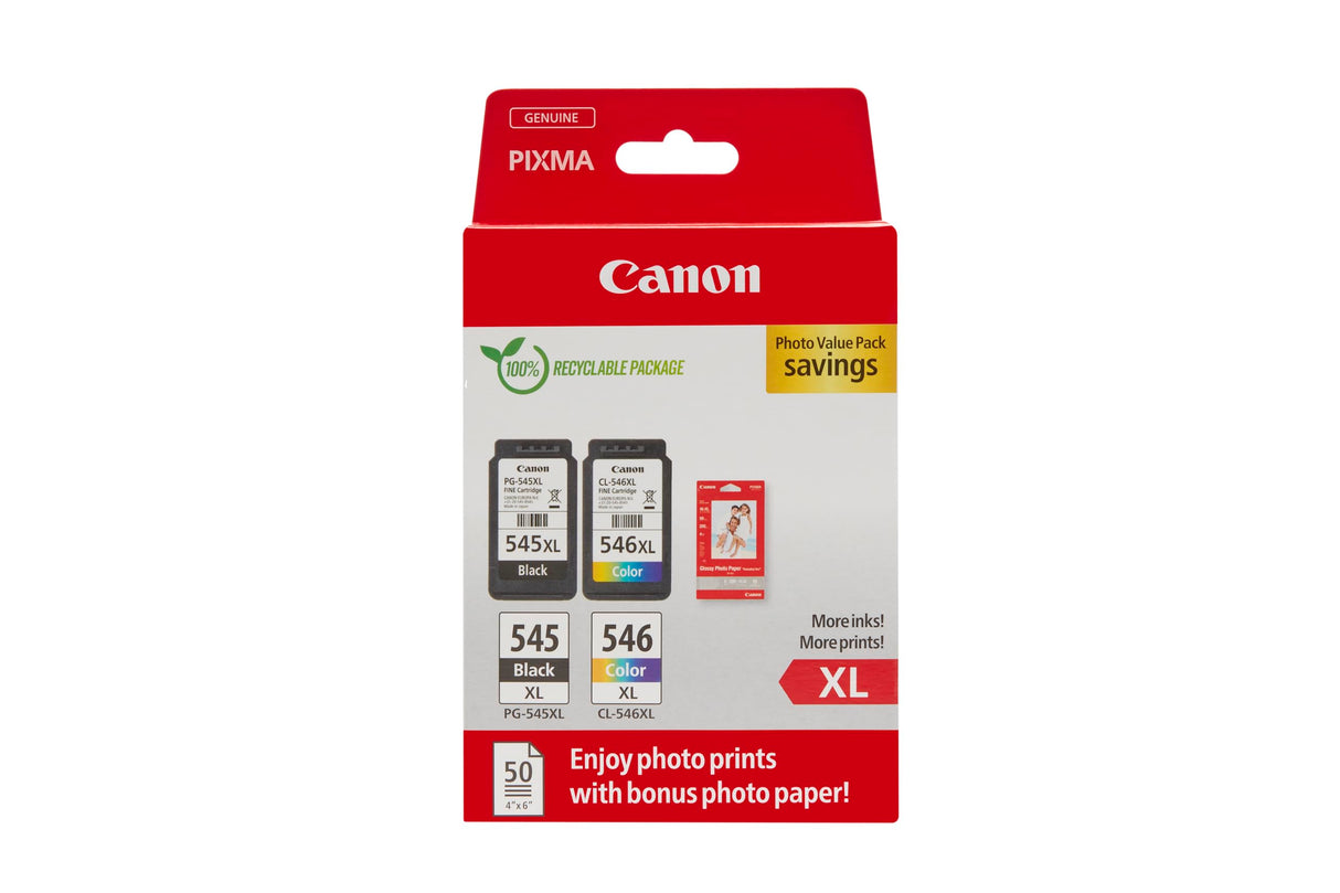 Canon PG-545XL + CL-546XL, Cartuchos de Tinta Original, Cartucho de Tinta Independiente en Color Negro y Cartucho Multicolor, Incluye 50 Hojas Papel Fotográfico 4 x 6, Compatible con Impresoras PIXMA