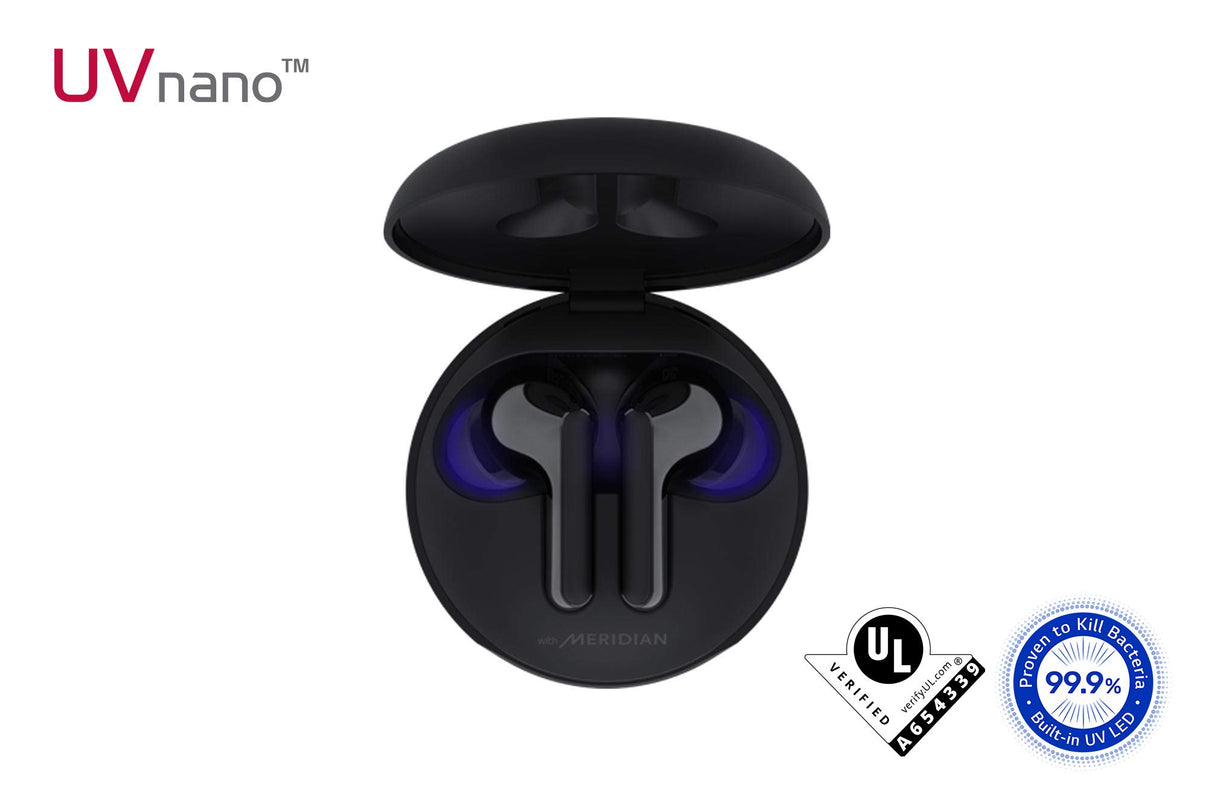 LG TONE Free FN5 Auriculares True Wireless con autolimpieza UVnano que elimina el 99,9% de las bacterias, tecnología Meridian Sound, doble micrófono para llamadas en la oficina y carga rápida en negro