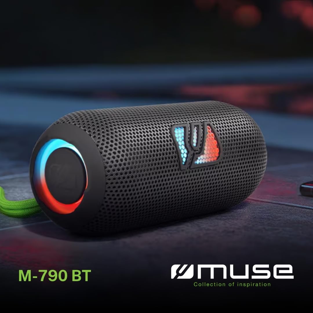 Muse M790BT. Altavoz portatil Bluetooth Resistente a Las Salpicaduras con Luces incorporadas. 60 W de Potencia. Manos Libres. Posibilidad de par Stereo. Concector de Carga USB-C. Batería de 2700 MAH