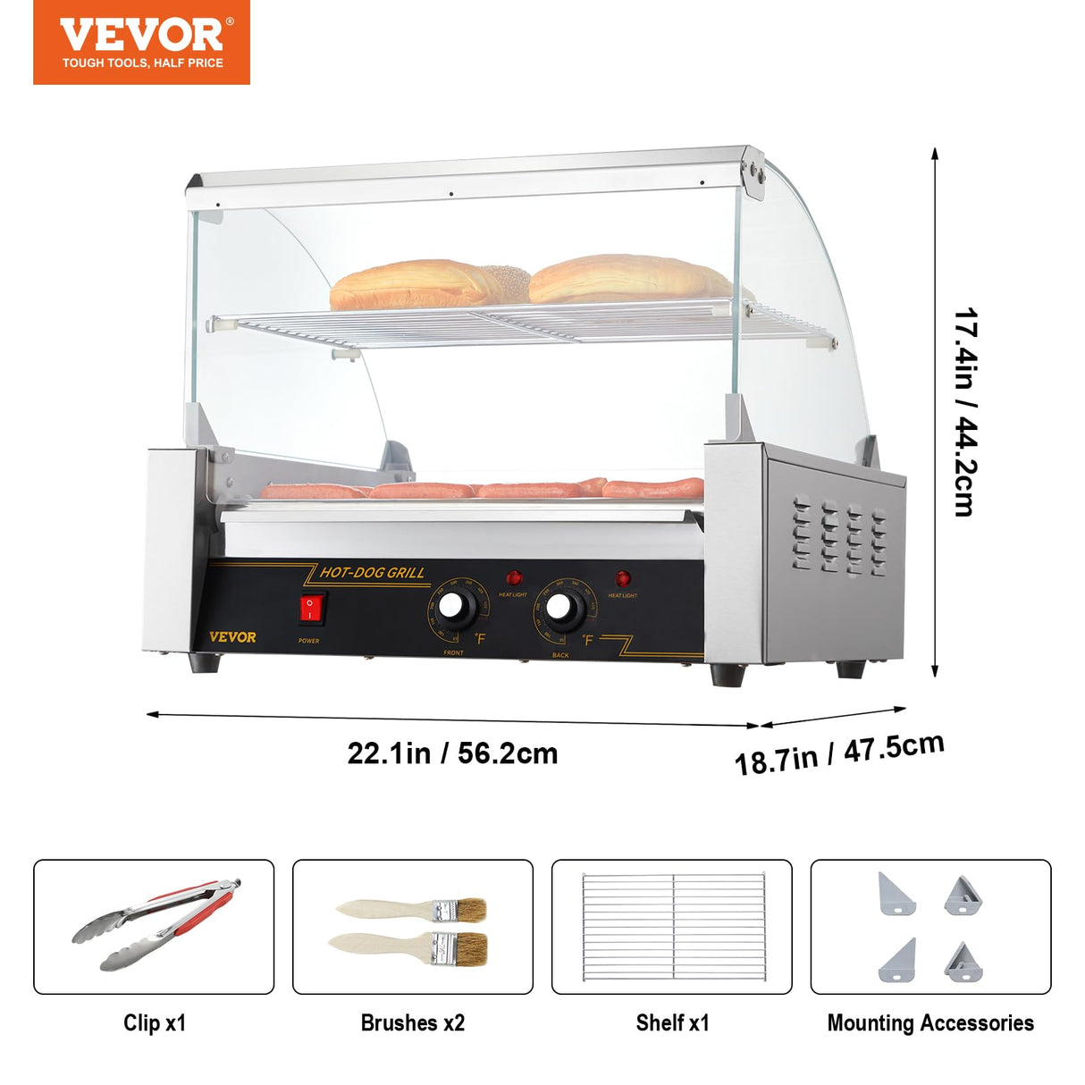 VEVOR Máquina de Rodillos para Perros Calientes de 56,2 x 47,5 x 44,2 cm con una Parrilla de Acero Inoxidable de Calidad Comercial, 50 °C-250 °C, 2,2 kW, para Puestos de Comida, Fiestas y Barbacoas