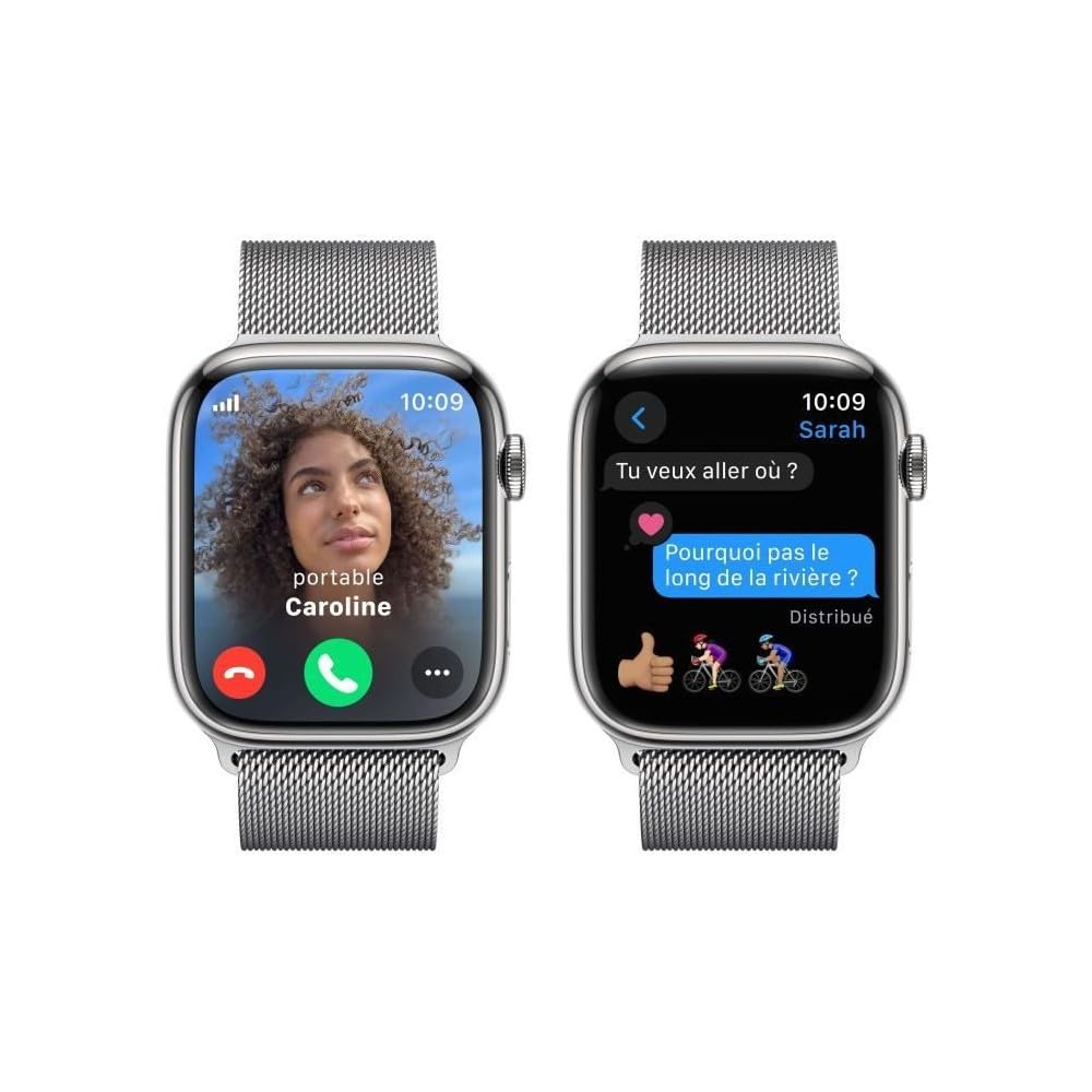 Apple Watch Series 9 GPS + Cellular - 45mm - Boîtier Acier Argent - Bracelet Silver Milanese Loop