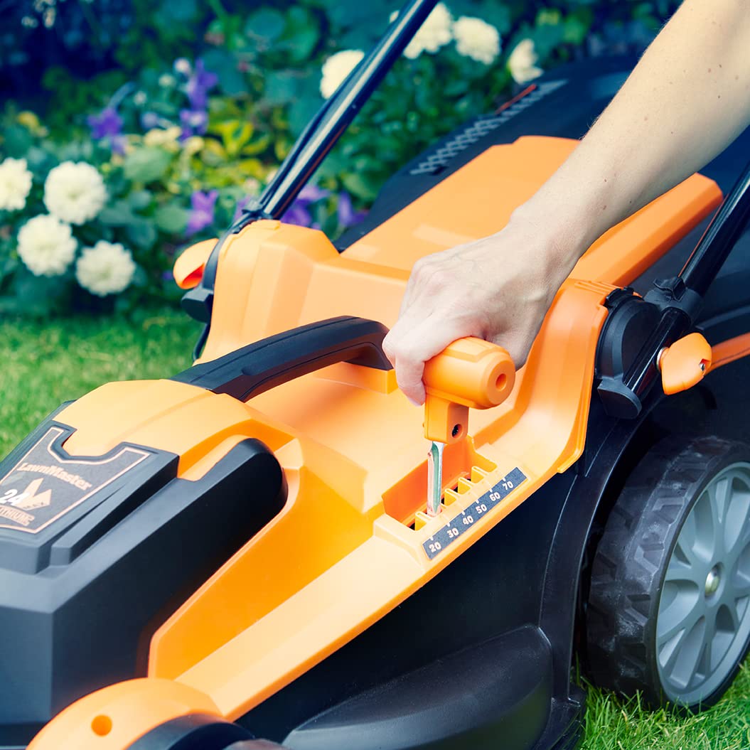 LawnMaster CLMF2437G Cortacésped con Batería 24V MAX 2x4.0Ah, 37cm hasta 300m², Altura de Corte 6 Niveles 22-72 mm, Bolsa de Recogida de 40L
