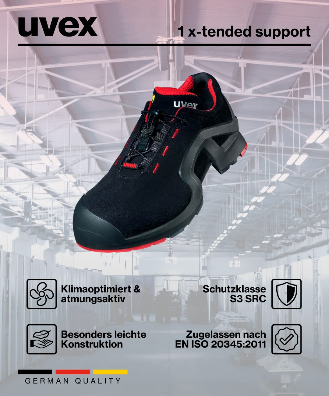 Uvex Zapatos bajos de seguridad / Construido para el trabajo "One" 8516 S3, negro/rojo, Ancho: 11, diferentes Tamaños - Negro/Rojo, 43 EU