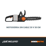 WORX WG350E.9 Nitro - Motosierra profesional con batería de 20 V, potente sierra para madera, 10 m/s, longitud de corte de 30 cm, compacta y segura, lubricación automática, tensión de cadena simple,