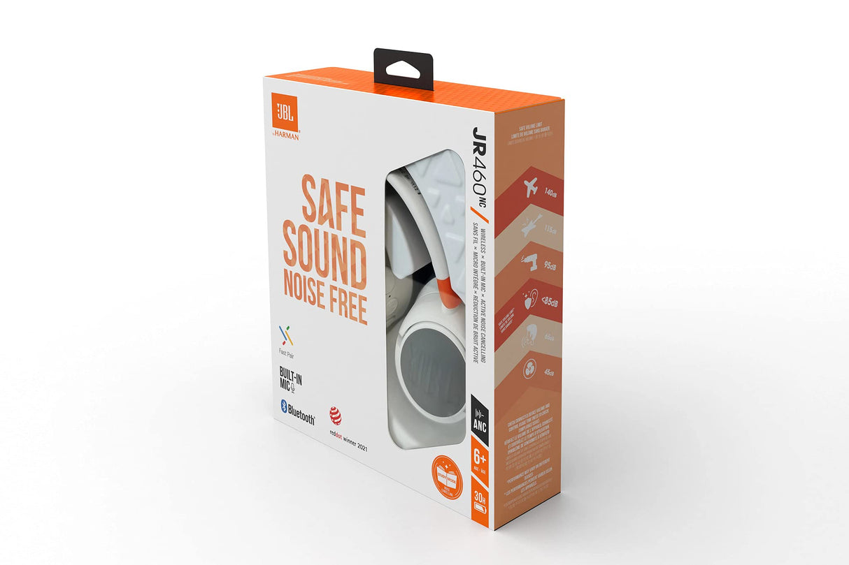 JBL JR460 NC Auriculares inalámbricos Over Ear portátiles con Bluetooth y cancelación de ruido, para niños, hasta 20 horas de duración y una carga rápida, blanco