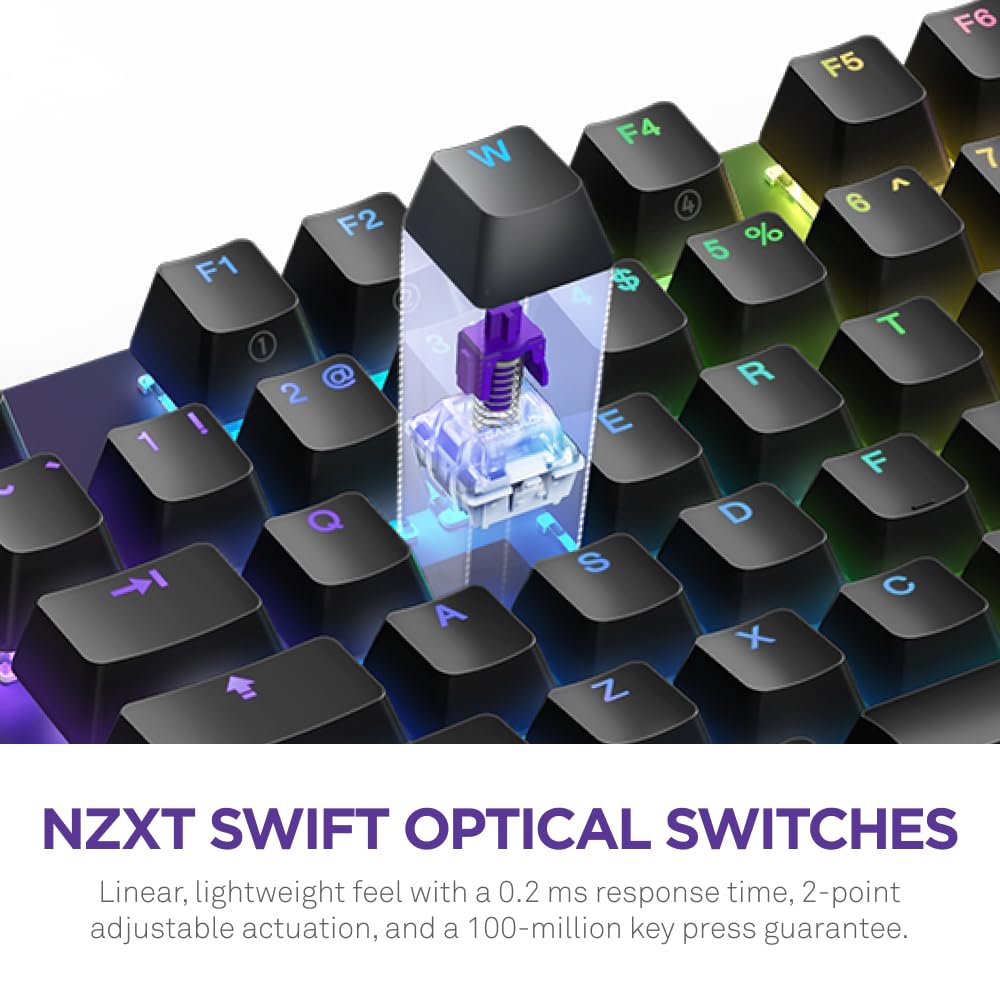 NZXT Function 2 2024 - Teclado Gaming óptico Full-Frame - RGB Iluminado - Frecuencia de sondeo 8K - Interruptores ópticos lineales - Clic Ajustable - Hot-Swap - Teclado Gaming - Negro DE (QWERTZ)
