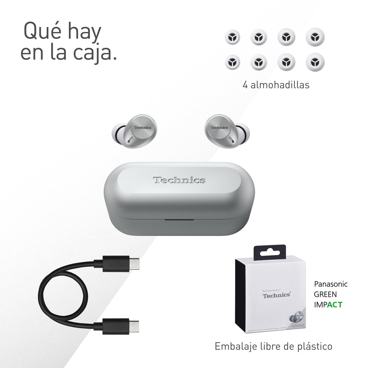 Technics EAH-AZ40M2ES Auriculares Inalámbricos con Cancelación De Ruido, Bluetooth Multipunto 3 Dispositivos, Cómodos Intraurales, Micrófono Integrado, Ajuste personalizable, Plata