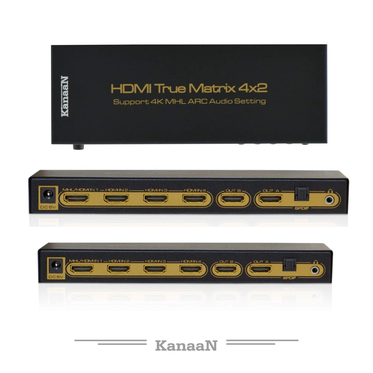 Leicke KanaaN KN40543, UHD Matrix 4x2 Splitter Switcher Full HD, UJD, 4K, 4K*2K, ARC, MHL,HDMI 1.4, Mando a distancia, Salida adicional para el audio, SPDIF y jack de 3,5mm, Stereo, Dolby 5.1 Surround HDMI 1.4