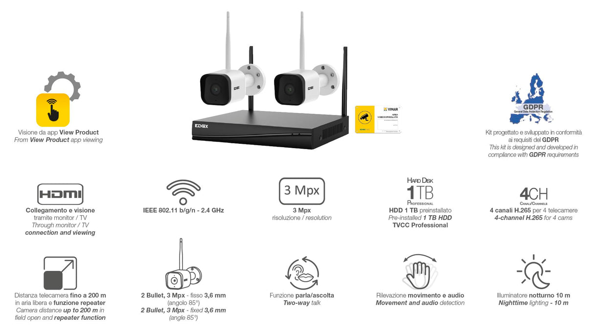 Vimar 46KIT.036C Kit Wi-Fi 3Mpx + 2camáras Bullet 3.6mm
