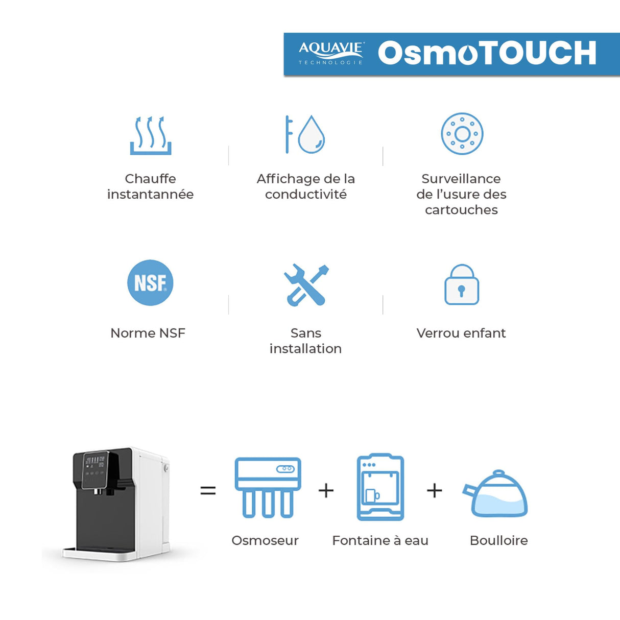 Aquavie Technology - OsmoTOUCH - Fuente de agua purificada por ósmosis inversa y esterilización - Dispensador instantáneo de agua templada y caliente - Depósito de 4,5 L