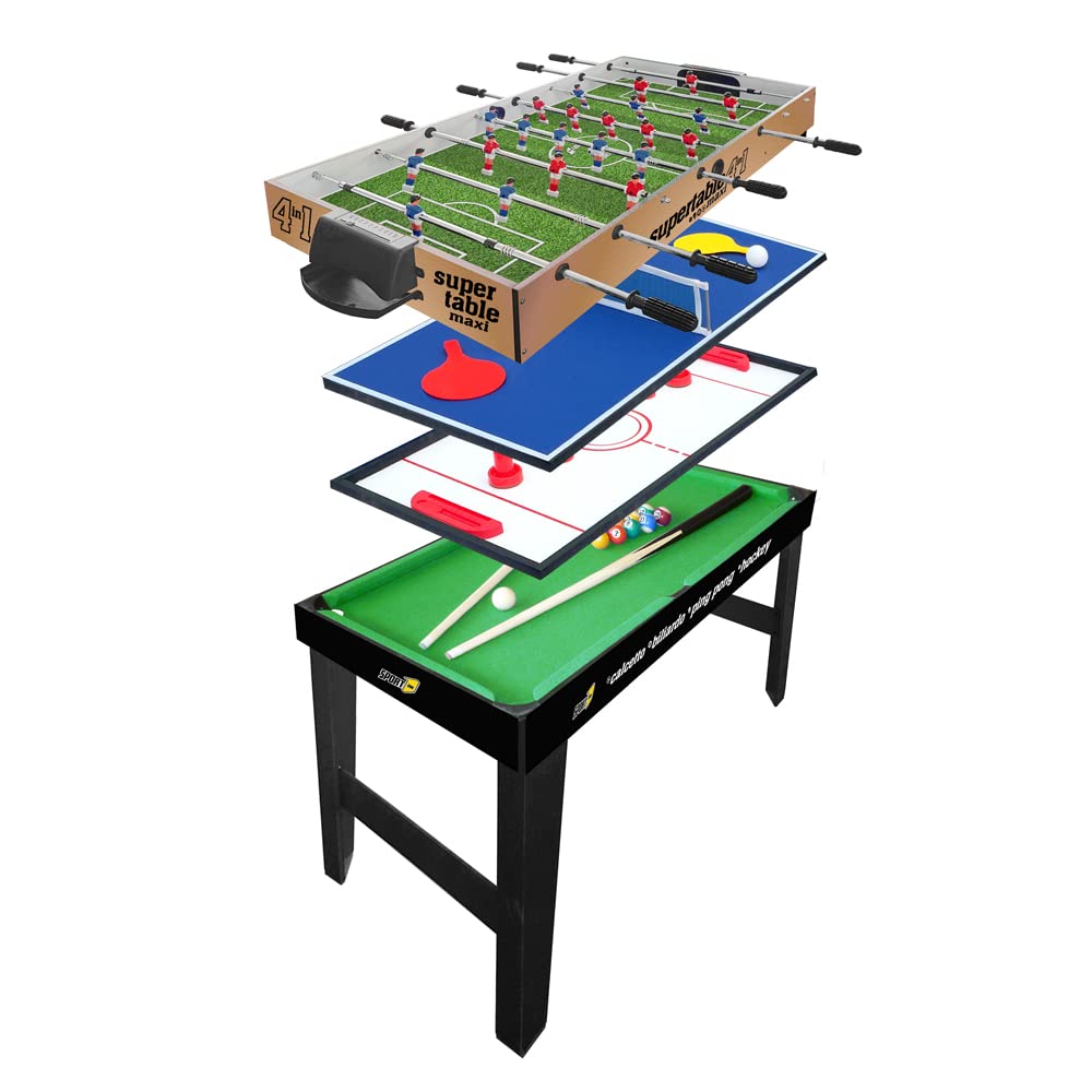 Sport1 Maxi Supertable futbolín multijuego 4 en 1. Futbolín tamaño 122 x 60 x 81,5 cm. Tarjeta de casa Multiusos: futbolín 4 vs 4, Ping Pong, Hockey, Billar. Incluye Accesorios