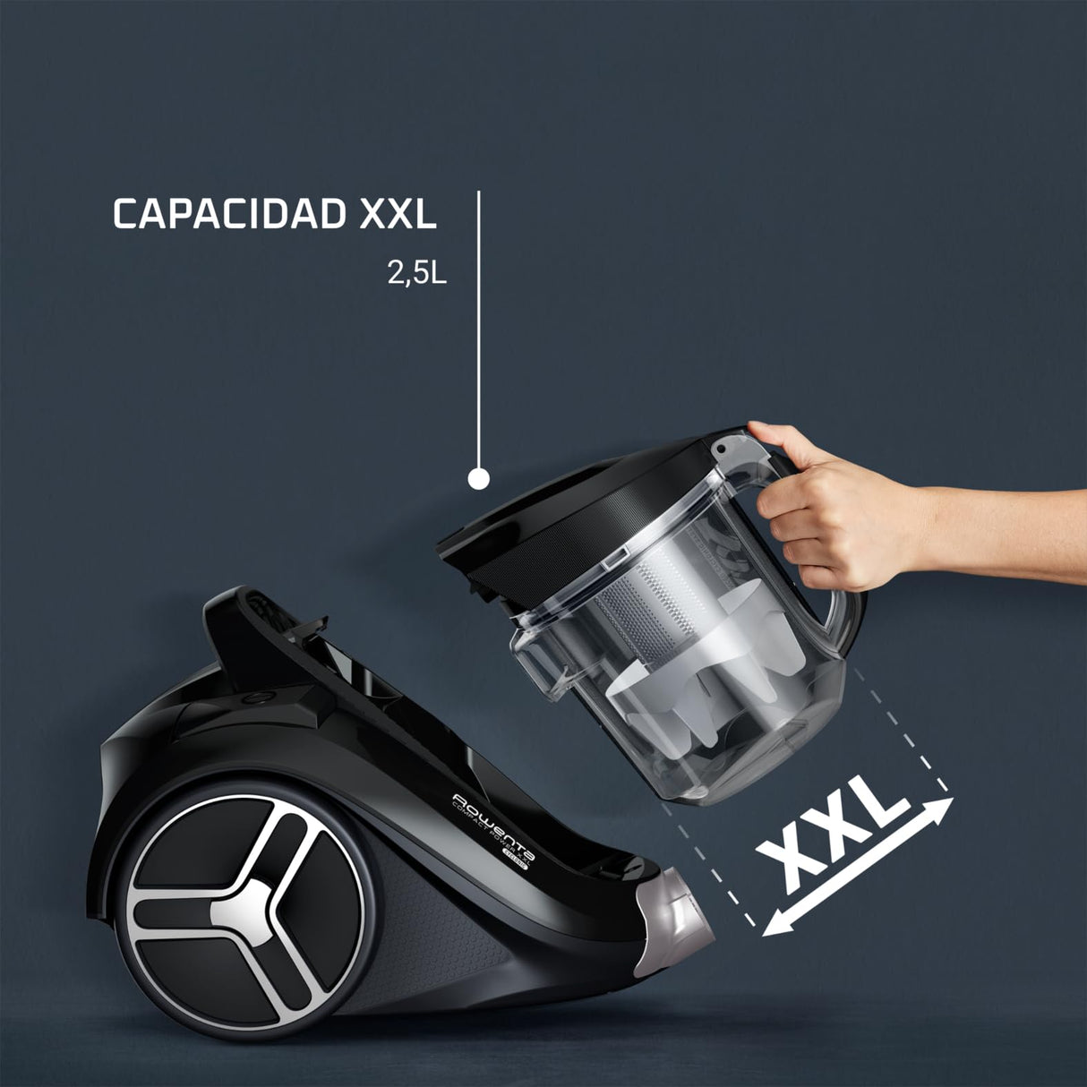 Rowenta Compact Power XXL Aspiradora con cable sin bolsa, motor EffiTech, depósito suciedad 2,5L, tecnología ciclónica, cabezal alta eficiencia, accesorio para mascotas, aspiradora silenciosa, RO4871