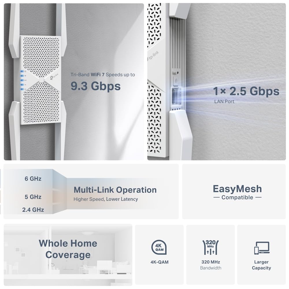 TP-Link RE655BE - Repetidor Wi-Fi 7 de Tres Bandas BE9300, hasta 5764 Mbps (6 GHz) + 2882 Mbps (5 GHz) + 688 Mbps (2,4 GHz), EasyMesh, 1 Puerto LAN de 2,5 Gigabit, 4 Antenas externas, WPAA