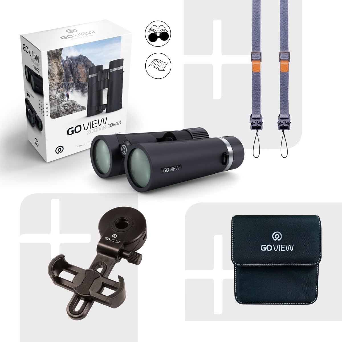 GoView ZOOMR 10x42 prismáticos para Actividades al Aire Libre, Naturaleza, observación de Vida Salvaje, Viajes (Zoom de 10 aumentos, Gran Campo de visión, Incluye Set de Accesorios) Phantom Negro