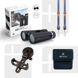 GoView ZOOMR 10x42 prismáticos para Actividades al Aire Libre, Naturaleza, observación de Vida Salvaje, Viajes (Zoom de 10 aumentos, Gran Campo de visión, Incluye Set de Accesorios) Phantom Negro